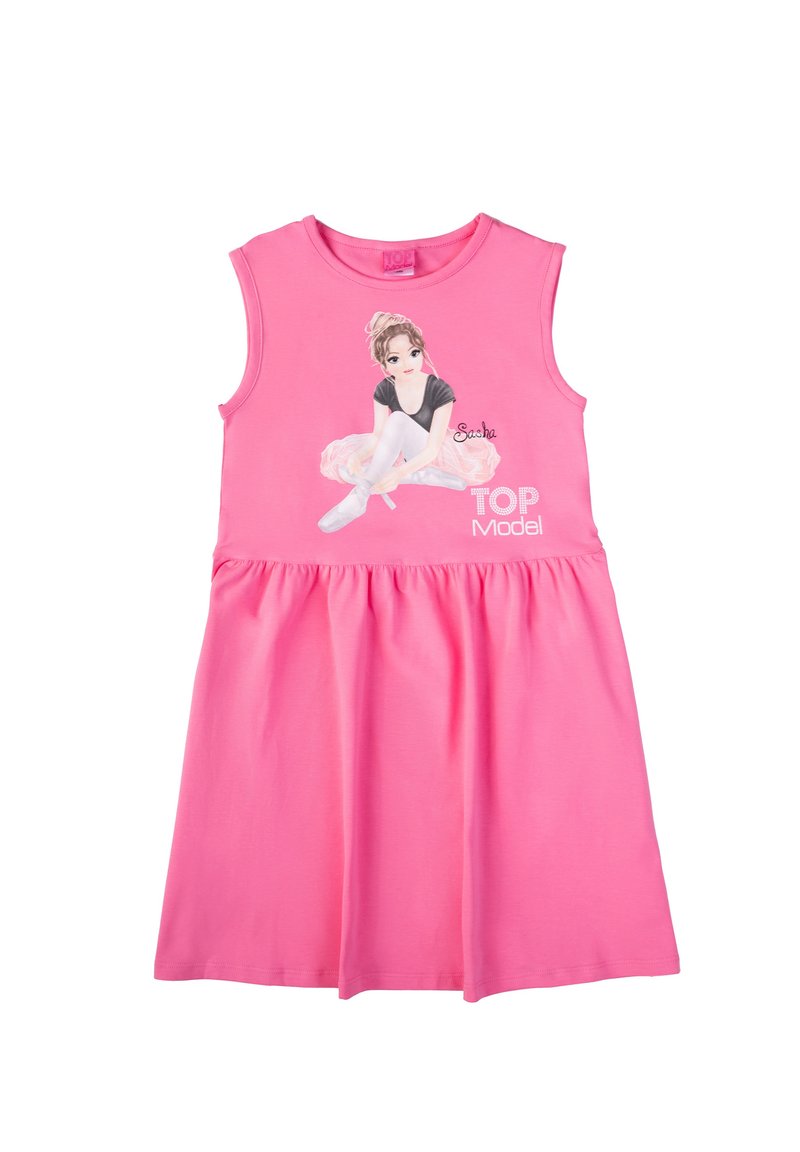 Abito senza maniche rosa con una stampa grafica di una ragazza in abbigliamento da balletto. Realizzato in tessuto morbido con un design di gonna a ruota e una vita elastica.