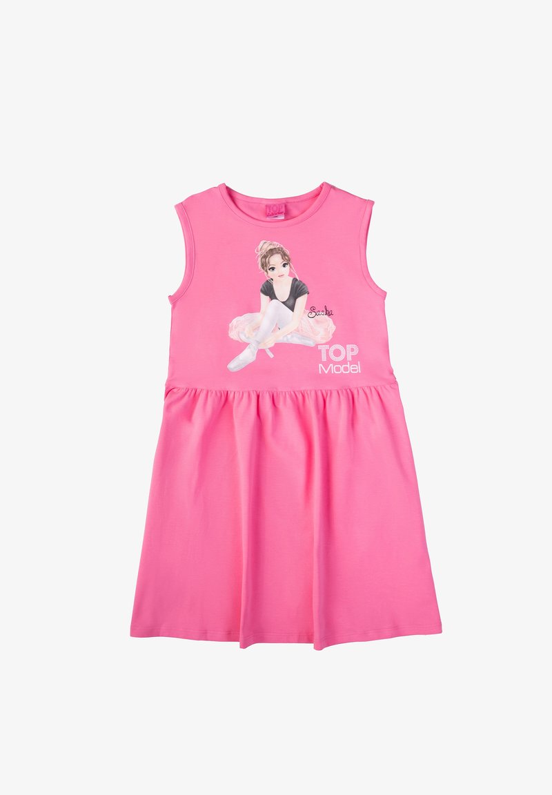 Rosa ärmelloses Kleid mit einem grafischen Druck eines Mädchens in Ballettkleidung. Hergestellt aus weichem Stoff mit einem ausgestellten Rockdesign und einem elastischen Bund.