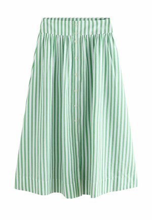 Knielanger Rock mit vertikalen grünen und weißen Streifen, gerafftem Bund und zentraler Knopfleiste vorne mit weißen Knöpfen.