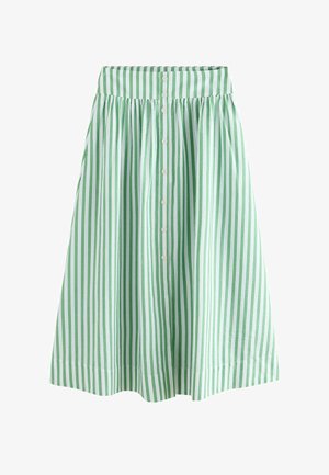 Knælængde nederdel med lodrette grønne og hvide striber, rynket talje og en central knaplukning foran med hvide knapper.