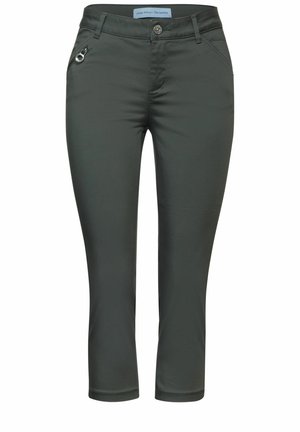 Donkergroene, slim-fit, cropped broek met een ritszak en knoopsluiting, gemaakt van gladde, rekbare stof. Geen zichtbare patronen of accenten.