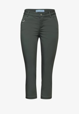 Mørkegrønne, slim-fit cropped bukser med en lynlåslomme og knaplukning, lavet af glat, strækbart stof. Ingen synlige mønstre eller accenter.