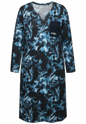 Vestido de manga larga en azul marino con un patrón floral en tonos de azul. Cuenta con un escote en V y un pequeño bolsillo en el pecho con texto. Tejido suave.