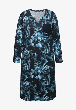 Langärmliges Kleid in Marineblau mit floralem Muster in Blautönen. Mit V-Ausschnitt und einer kleinen Brusttasche mit Text. Weicher Stoff.