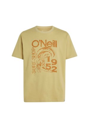 T-shirt in cotone beige chiaro con stampa grafica arancione con il testo "O'Neill Surf Shop EST. 1952" e un design a tema surf.