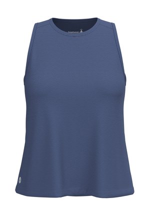 Blå ærmeløs atletisk tanktop med struktureret stof og rund halsudskæring, designet til aktivt brug.