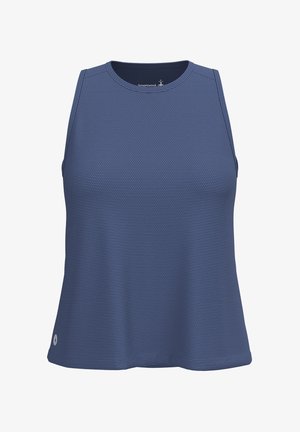 Camiseta deportiva sin mangas azul con tejido texturizado y escote redondo, diseñada para uso activo.