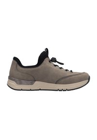 Gray suede athletic shoe with a black mesh collar, toggle lace system, and a beige midsole, featuring a textured rubber outsole.