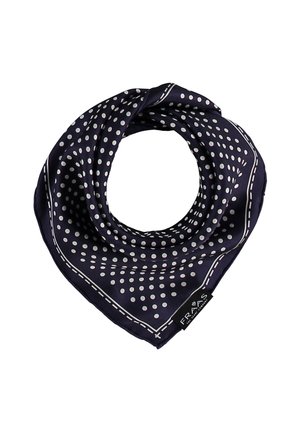Marineblåt silketørklæde med hvide polkaprikker og mønstret, syet kant, foldet i en trekantet form med en synlig stoffane.