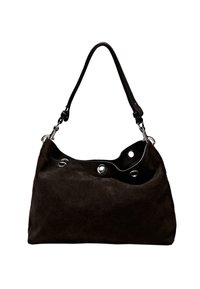 Borsa in camoscio nero dal design morbido, con occhielli metallici e un singolo manico in pelle per il trasporto. Texture liscia.