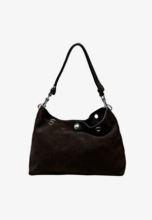 Czarna torebka zamszowa o luźnym fasonie, z metalowymi oczkami i pojedynczym skórzanym paskiem do noszenia. Gładka faktura.