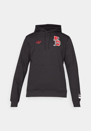 Tamsiai pilkas gobtuvėlis su priekiu kišene, raudonu siuvinėjimu ir Adidas trefoil ženklu kairėje krūtinės pusėje.