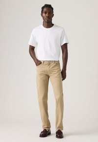 Μπεζ chino παντελόνι, μείγμα βαμβακιού, ίσια γραμμή, συνδυασμένο με απλό λευκό t-shirt και σκούρα loafers. Ομαλή υφή, τυπικός σχεδιασμός με πέντε τσέπες.