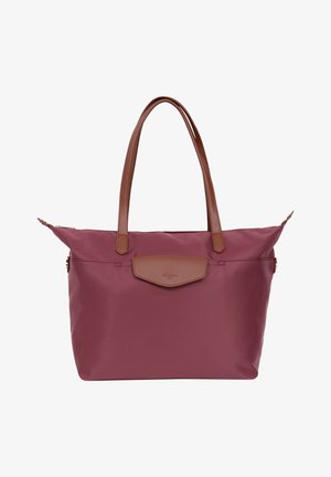 Sac fourre-tout bordeaux avec des poignées en cuir marron, fermeture éclair et un accent en cuir au niveau du rabat à l'avant. Fabriqué en nylon durable.