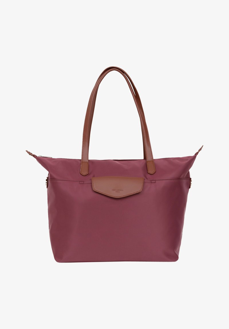 Czerwono-wina torba na ramię z brązowymi skórzanymi uchwytami, zamkiem błyskawicznym i skórzanym akcentem na klapie z przodu. Wykonana z trwałego materiału nylonowego.