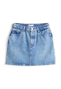 Lichtblauwe denim mini rok met een vijf-pocket ontwerp, knoopsluiting en subtiele vervaagde textuur. Bevat een merklabel op de tailleband.
