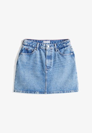 Heledad mini-seelik helesinisest denimist viie taskuga, nööbiga kinnitamine ja kerge kulumise tekstuur. Omab bränditud vöö sildit.