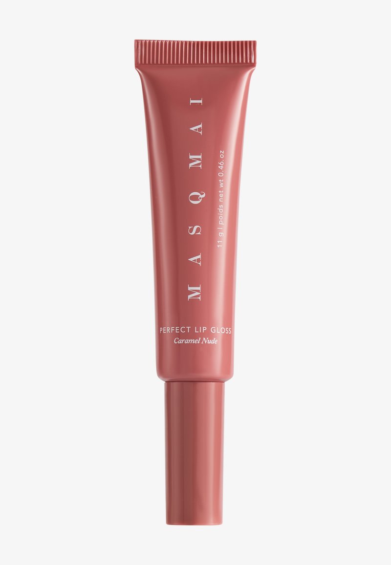 Tube de gloss à lèvres MASQMAI Perfect en nuance caramel nude avec bouchon twist-off, poids net de 11g (0,46 oz), marquage vertical sur le devant.