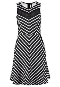 Svartvit randig klänning med ärmlös design, som har en genomskinlig bodicepanel och A-linjeform, tillverkad av lätt tyg.