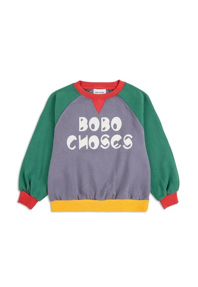 Felpa grigia con accenti verdi, rossi e gialli, caratterizzata da un neckline rotondo e maniche a sbuffo. "BOBO CHOSES" stampato in bianco.
