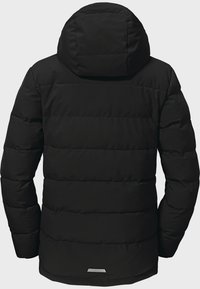 Giacca a vento nera con cappuccio, caratterizzata da un design trapuntato e una superficie liscia. Include un sottile dettaglio riflettente nella parte bassa della schiena.