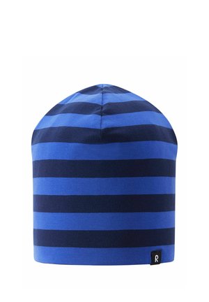 Blue and dark navy striped knit beanie with a small black tag on the bottom edge against a white background.