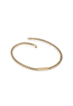 Goudkleurige metalen ketting met een rechthoekige gegraveerde plaat en een karabijnsluiting op een witte achtergrond.