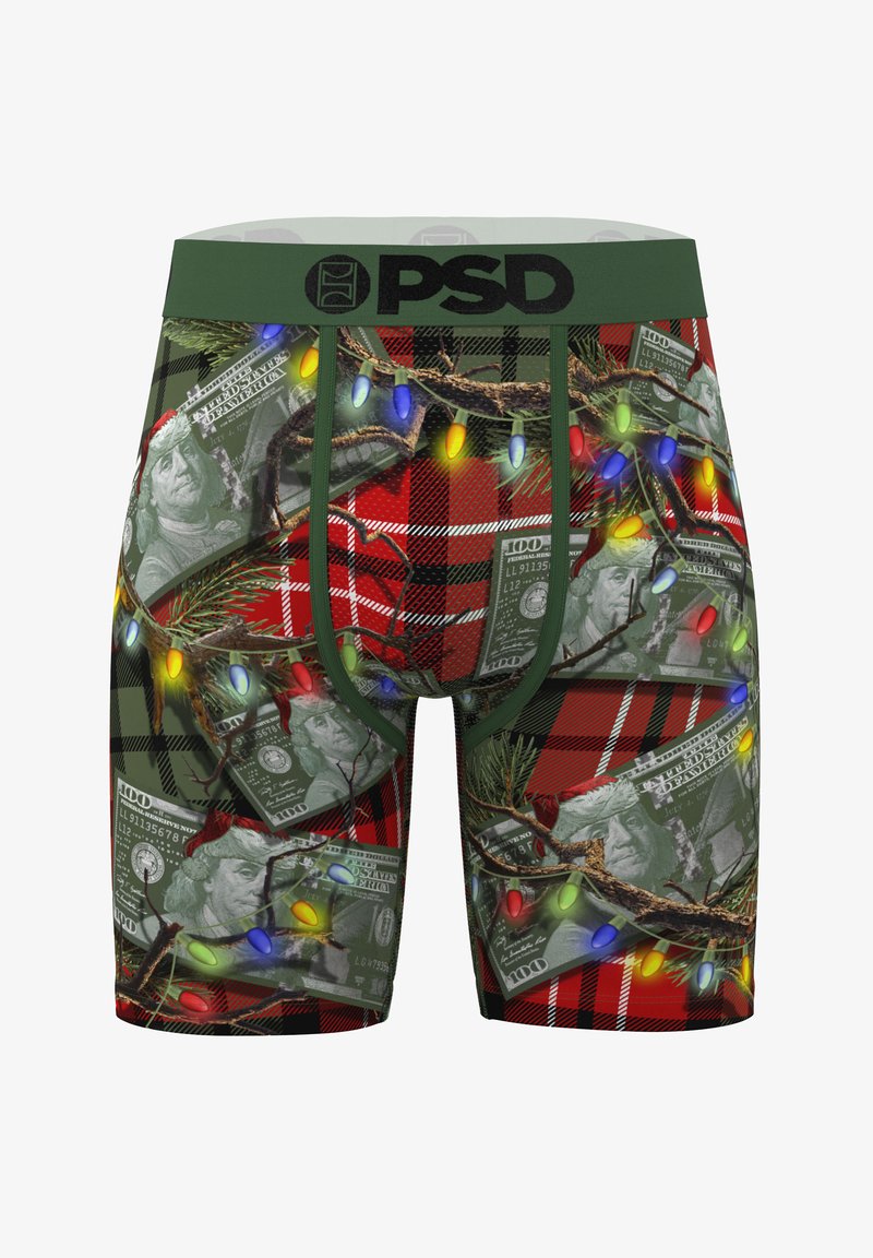 Boxer briefs featuring a red and black plaid pattern with images of dollar bills, pine branches, and colorful Christmas lights. Green waistband.