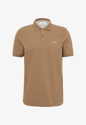 Kurzarm-Polohemd in einer hellbraunen Farbe, aus strukturiertem Stoff. Mit Kragen, drei Knöpfen und einem kleinen Logo auf der Brust.