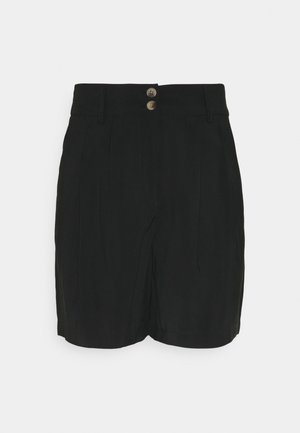 Zwarte shorts met een hoge taille, twee knopen aan de voorkant en riemlussen, afgebeeld op een effen lichte achtergrond.