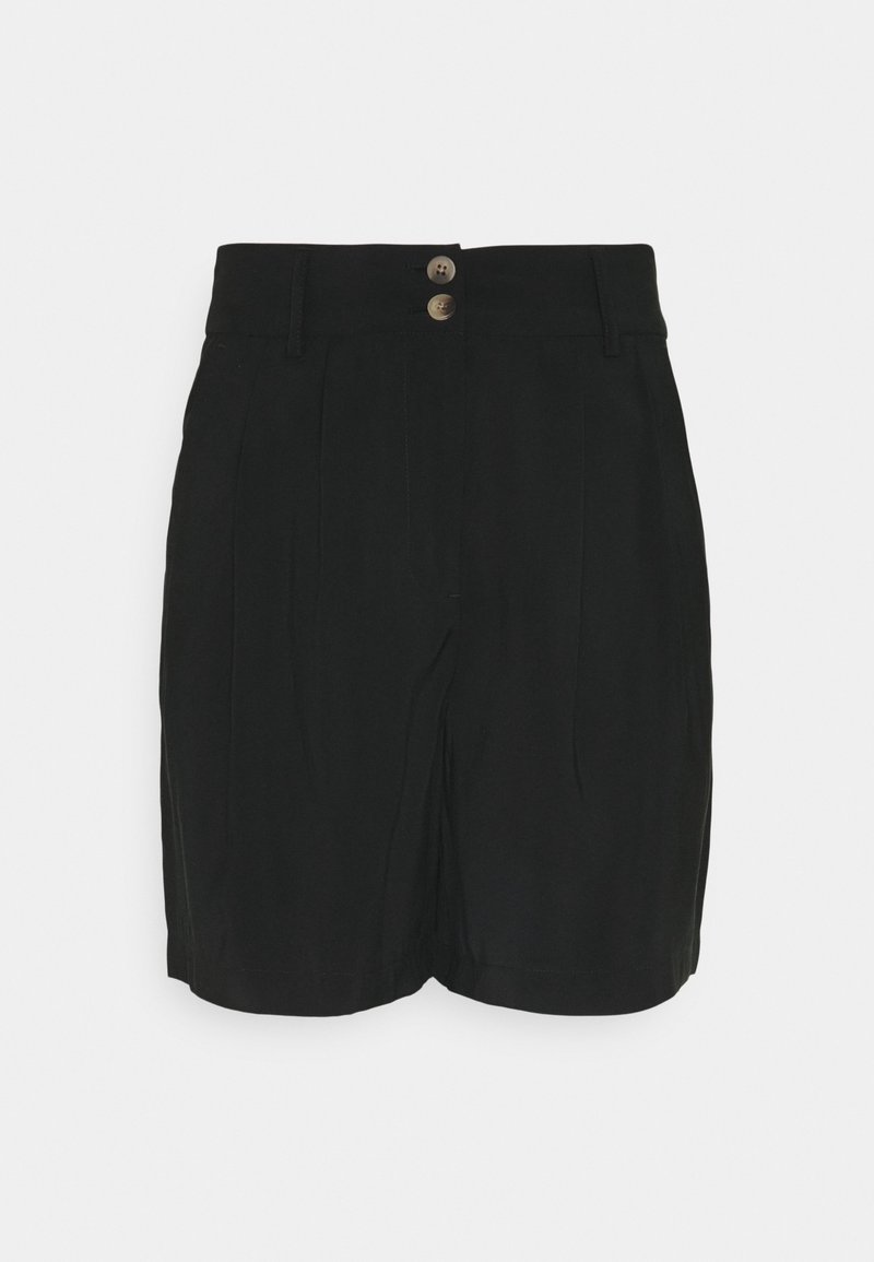 Short noir taille haute avec deux boutons sur le devant et passants de ceinture, présenté sur un fond clair uni.