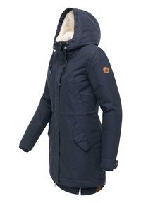 Navy blue parka with a faux fur-lined hood, featuring side pockets, adjustable drawstrings, and a subtle logo patch on the sleeve.