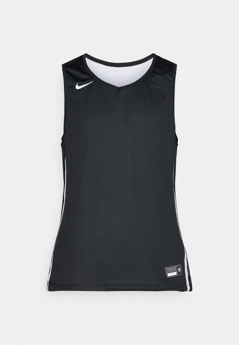 Top sportivo senza maniche di colore nero con scollatura a V, realizzato in tessuto a rete traspirante. Presenta strisce laterali bianche e un piccolo etichetta nera con la taglia.