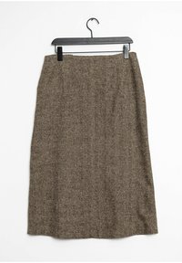 Gonna midi in tweed marrone con taglio dritto, caratterizzata da un motivo testurizzato, cintura e un gancio in alto.