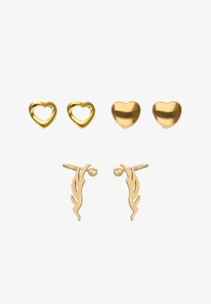 Arany fülbevalók, amelyek két szív alakot ábrázolnak, egy nyitottat és egy tömöröt, mellettük egy pár levélmintás darabbal. Sima textúrájú, fényes felülettel.