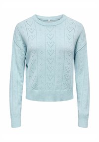Pull tricoté bleu clair avec un col rond, des manches longues et des motifs en cœur ajourés sur tout le vêtement. Ourlet et poignets côtelés.