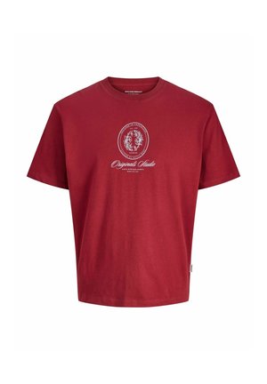 Röd bomullst-shirt med rund halsringning, korta ärmar och en central grafisk design med blommor och texten "Originals Studio."