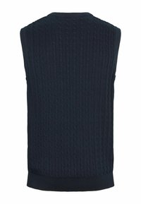 Gilet en tricot sans manches bleu marine avec motif de torsades verticales et ourlet côtelé, présenté de dos.
