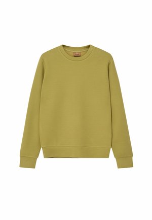 Pikkade varrukatega oliivroheline ümarkaelusega dressipluus soonikkoes mansettide ja äärega, lihtsa disainiga, valgel taustal.