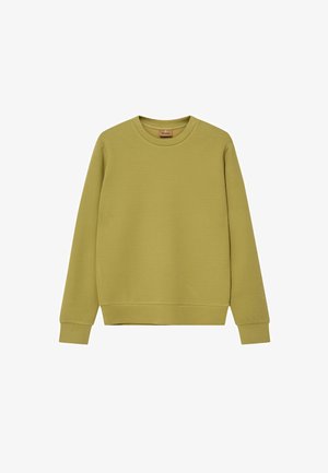 Pikkade varrukatega oliivroheline ümarkaelusega dressipluus soonikkoes mansettide ja äärega, lihtsa disainiga, valgel taustal.