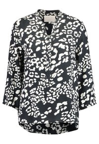 Czarna bluzka z białym wzorem zwierzęcym, z długim rękawem, dekoltem w szpic i asymetrycznym dołem. Wykonana z gładkiego, lekkiego materiału.