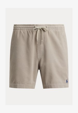 Beige corduroy shorts met elastische tailleband en trekkoord, met een klein marineblauw geborduurd logo op het onderste rechterbeen.