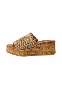 Sandalo slip-on intrecciato con un motivo a zigzag multicolore sulla parte superiore, suola in sughero e plantare beige.
