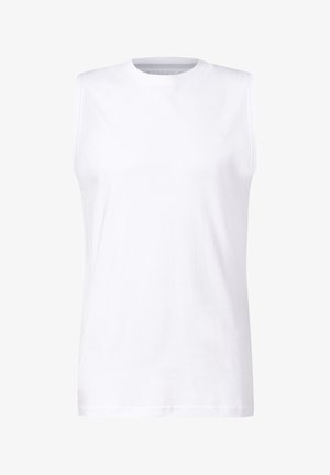 T-shirt sans manches blanche en coton, avec un col rond et un design minimaliste sans motifs ni embellissements visibles.