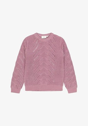 Pull en tricot rose avec un col rond, présentant un motif texturé en vagues et des bords côtelés aux poignets et à l'ourlet. Fabriqué en tissu doux.