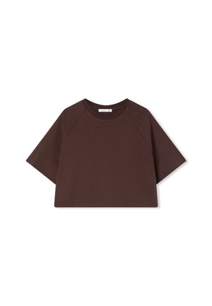 T-shirt cropped marrone realizzato in cotone morbido, con scollo rotondo e maniche corte a raglan, dalla texture liscia e uniforme.