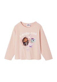 Helles pinkes Langarm-T-Shirt aus weicher Baumwolle, mit einem Cartoon-Print von Charakteren und Herzen, mit rundem Halsausschnitt.