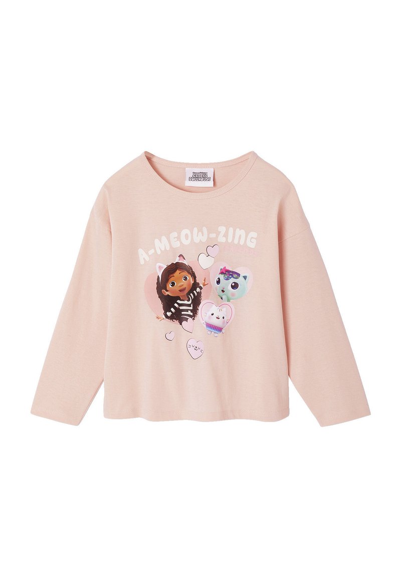 Helles pinkes Langarm-T-Shirt aus weicher Baumwolle, mit einem Cartoon-Print von Charakteren und Herzen, mit rundem Halsausschnitt.