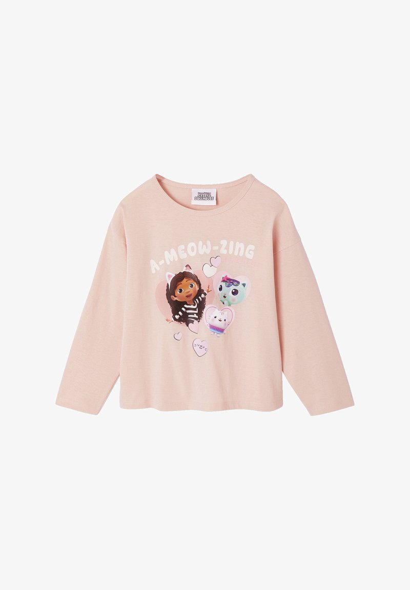Helles pinkes Langarm-T-Shirt aus weicher Baumwolle, mit einem Cartoon-Print von Charakteren und Herzen, mit rundem Halsausschnitt.