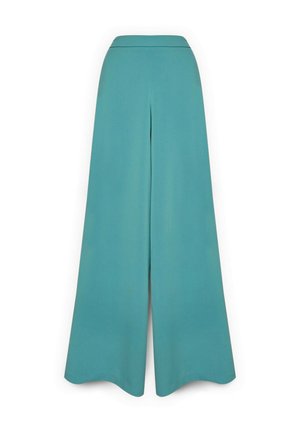 Hoge taille teal wijde pijpen broek met een centrale naad aan de voorkant en een gladde tailleband, weergegeven op een witte achtergrond.
